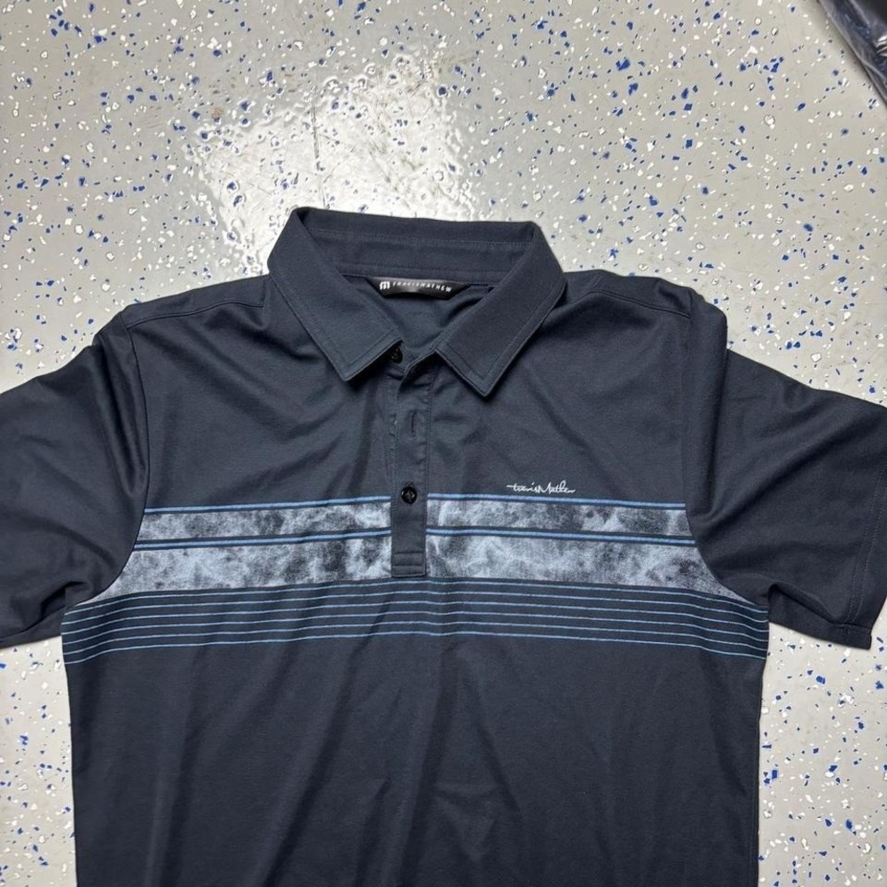 Travis Mathew Polo Shirt Mens M Short Sleeve Performance Black Blue Stripe